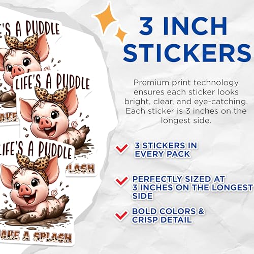 (3 Pack) Pig Decals - Laptop Decal - Funny Animal Decal - 3 Inches On Longest Side - Easy Peel & Apply - Made in USA - 3MCS6707