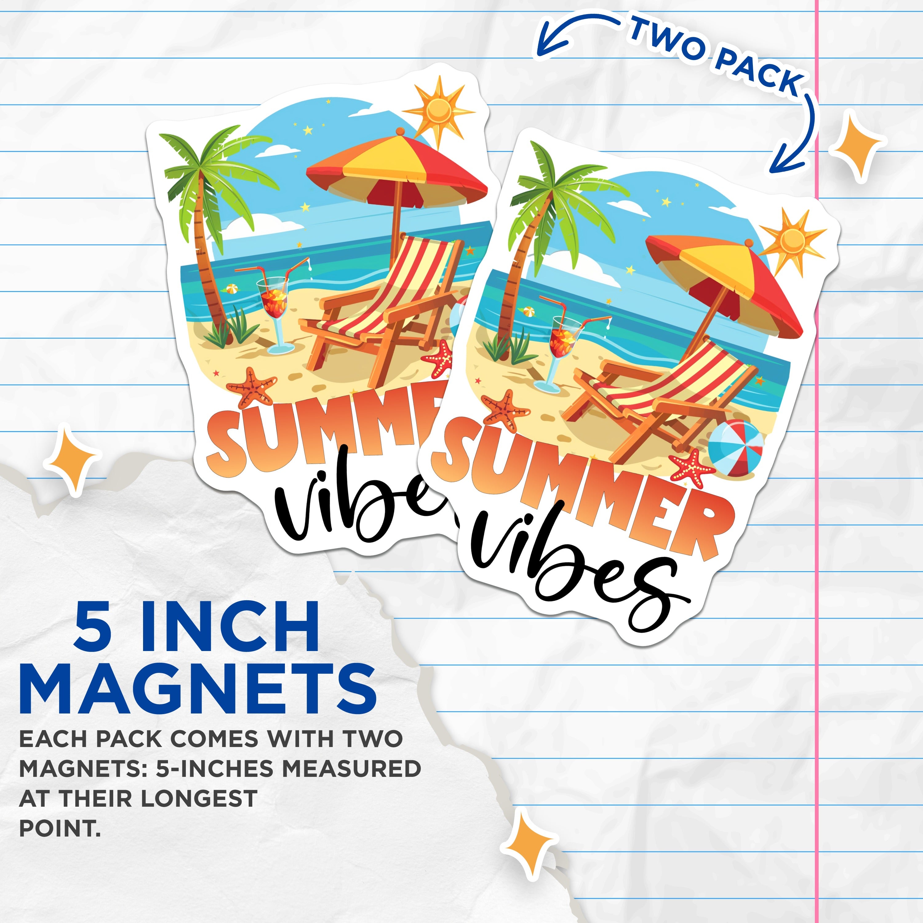 (2 Pack) Summer Vibes Magnets - Beach Vacation Scene - Tropical Fridge Locker Decor - 5 Inches On Longest Side - Thick Durable Magnet - Made in USA - MAG39400