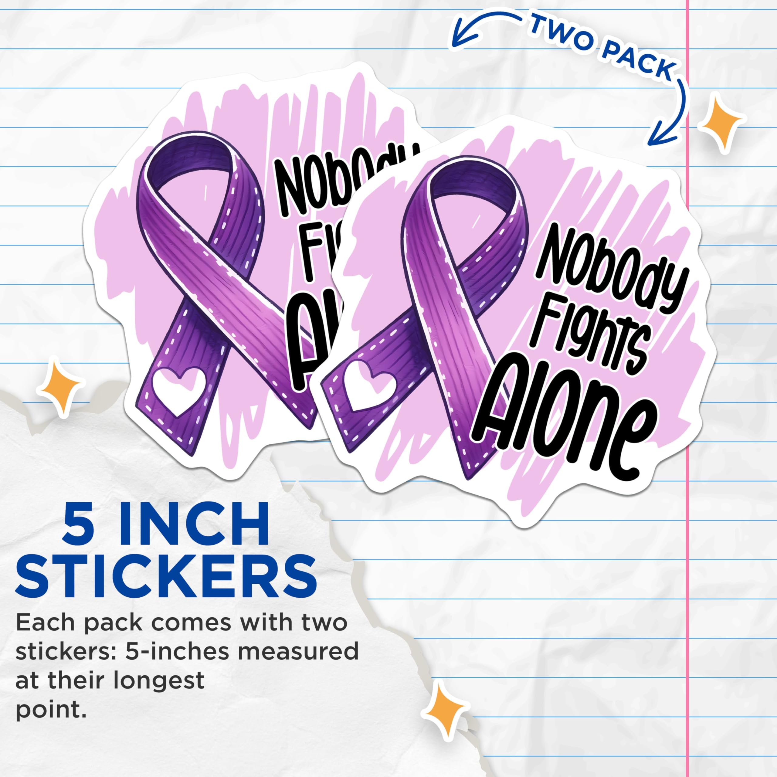(2 Pack) Nobody Fights Alone Stickers - Inspirational Quote - Awareness Ribbon - 5" On Longest Side - Sticks to Smooth Flat Surfaces - Made in USA - BMCS9791