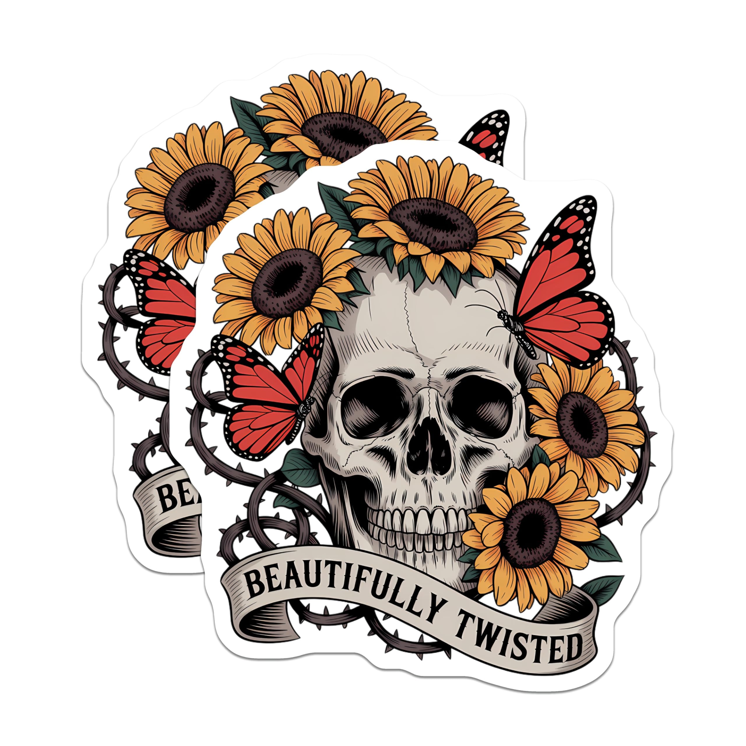 (2 Pack) Skull Sunflower Butterfly Magnets - Gothic Floral Decor - Beautifully Twisted Art - 5 Inches On Longest Side - Thick Durable Magnet - Made in USA - MAG22513