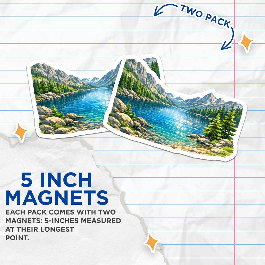 (2 Pack) Mountain Lake Magnets - Scenic Landscape Art - Nature Lover Decor - Serene Outdoors Scene - 5 Inches On Longest Side - Thick Durable Magnet - Made in USA - MAG37536