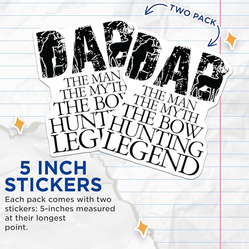 (2 Pack) Dad The Man The Myth The Bow Hunting Legend Stickers - Dad Hunting Stickers - Funny Dad Stickers - 5" On Longest Side - Sticks to Smooth Flat Surfaces - Made in USA - BMCS4820