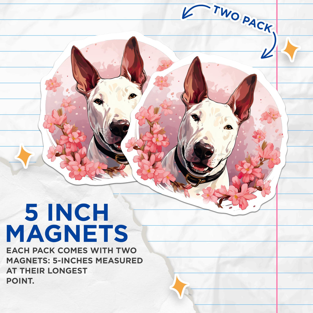 (2 Pack) Bull Terrier Magnets - Cute Dog Lover Pet Parent - Spring Floral Sakura Decor - 5 Inches On Longest Side - Thick Durable Magnet - Made in USA - MAG28153