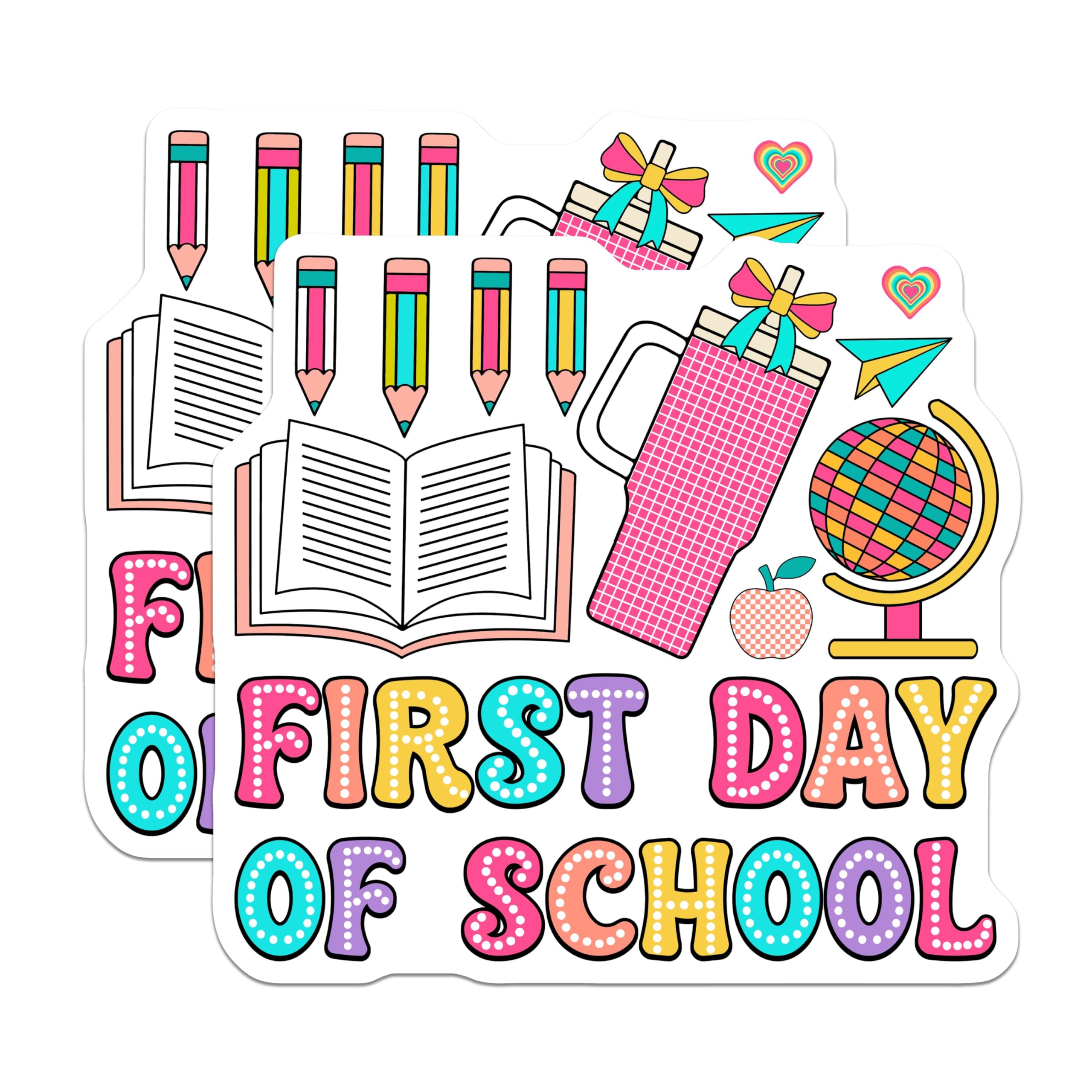 (2 Pack) First Day of School Stickers - Back to School - Kids Teacher Classroom Decor - 5" On Longest Side - Sticks to Smooth Flat Surfaces - Made in USA - BMCS9120