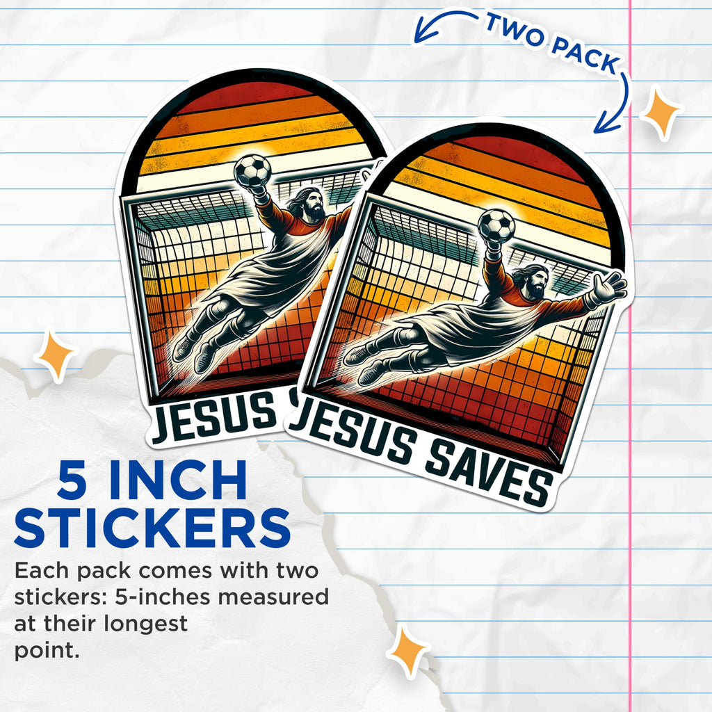 (2 Pack) Jesus Saves Funny Jesus Soccer Stickers - 5 Inches On Longest Side - Premium Vinyl - for Cars, Skateboards, Laptops - Made in USA - BMCS1195