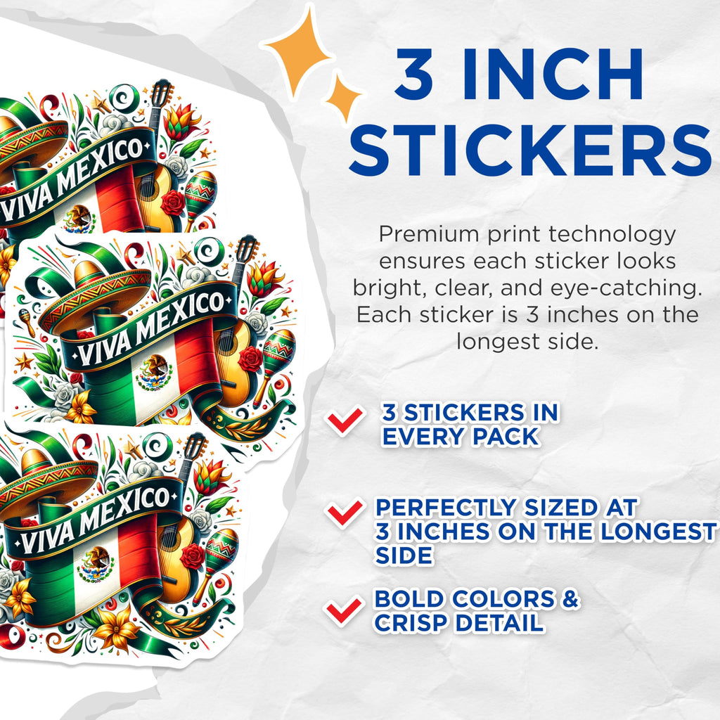 (3 Pack) Viva Mexico Decals - Mexican Flag - Mariachi Guitar- 3 Inches On Longest Side - Easy Peel & Apply - Made in USA - 3MCS5667