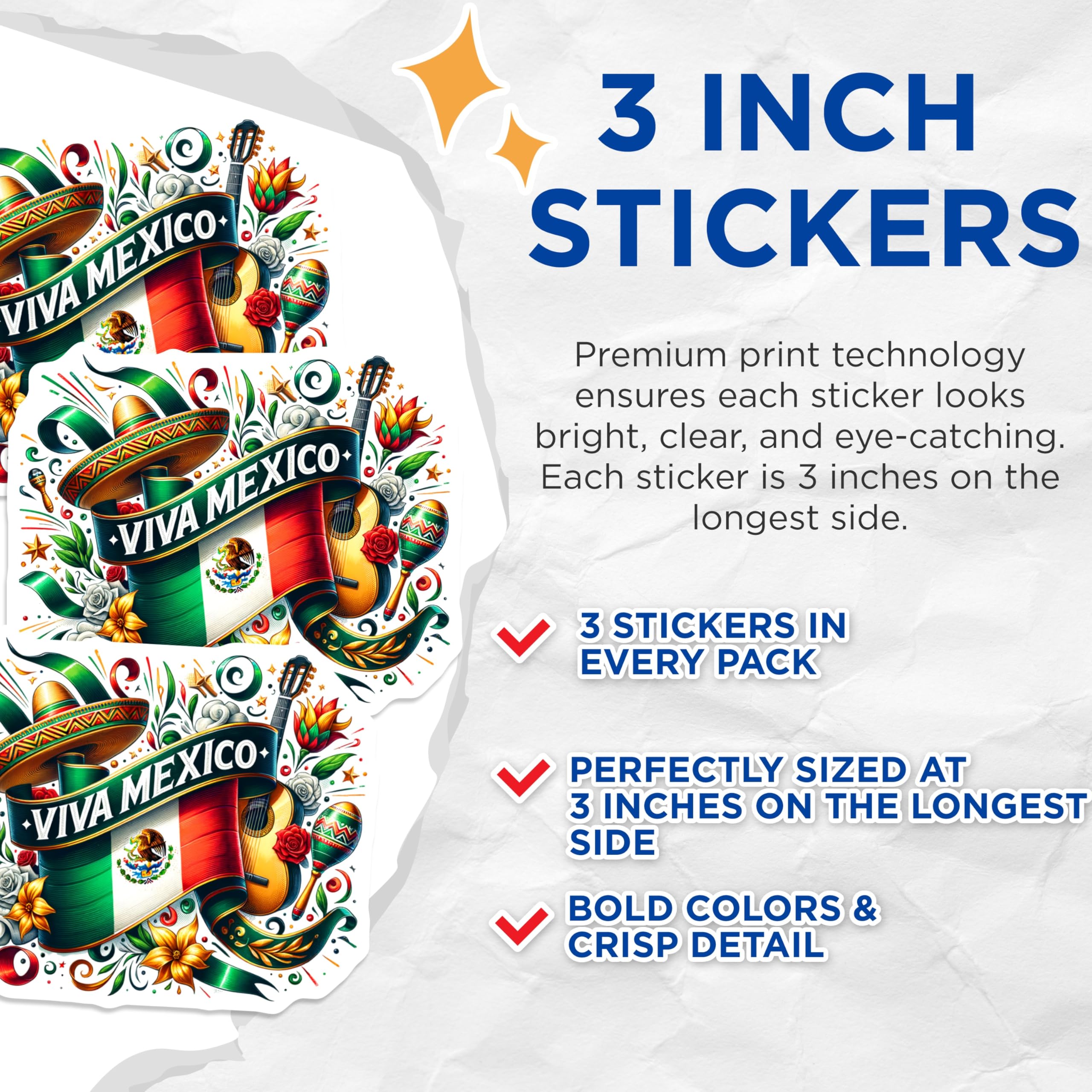 (3 Pack) Viva Mexico Decals - Mexican Flag - Mariachi Guitar- 3 Inches On Longest Side - Easy Peel & Apply - Made in USA - 3MCS5667