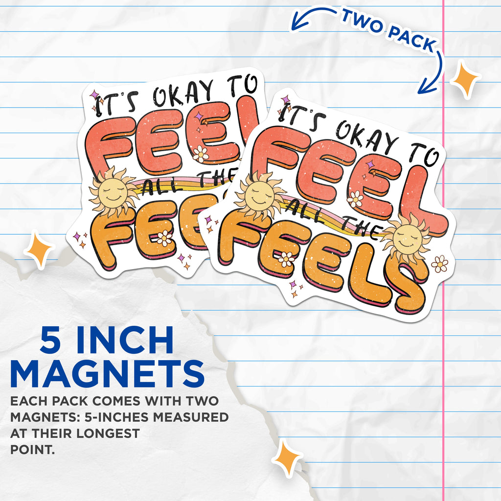 (2 Pack) It's Okay to Feel All The Feels Magnets - Emotional Support - Mental Wellness Decor - Retro Affirmation - 5 Inches On Longest Side - Thick Durable Magnet - Made in USA - MAG39355