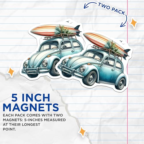 (2 Pack) Surf Car Adventure Magnets Magnets - Retro Beach Buggy Decor - 5" On Longest Side - Made in USA - Sticks to Refrigerators & Metal Surfaces - MAG9301