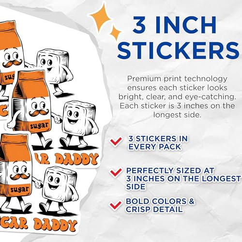 (3 Pack) Sugar Daddy Decals - Cute Cartoon Decals - Laptop Decal - 3 Inches On Longest Side - Easy Peel & Apply - Made in USA - 3MCS6389