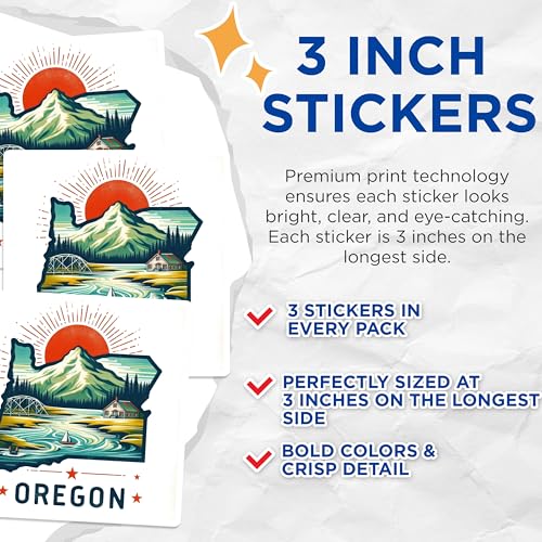 (3 Pack) Oregon State Decals - Mountain Landscape - Pacific Northwest Decals - 3 Inches On Longest Side - Easy Peel & Apply - Made in USA - 3MCS4009