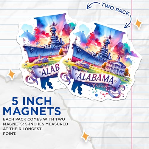 (2 Pack) Alabama State Magnets - Travel Souvenir Magnets - Alabama Ship and Landmark Magnets - 5" On Longest Side - for Cars, Fridges, Toolboxes - Made in USA - MAG7162