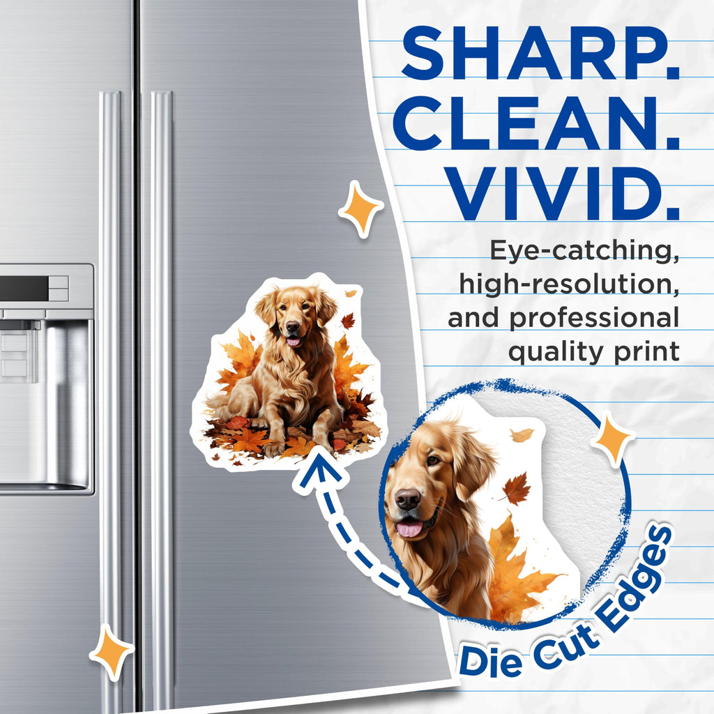 (2 Pack) Golden Retriever Magnets - Autumn Dog Decor - Fall Leaves Pet Parent - Cute Dog Refrigerator Locker Decor - 5 Inches On Longest Side - Thick Durable Magnet - Made in USA - MAG29674