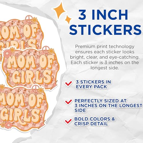 (3 Pack) Mom of Girls Decals - Retro Style - Boho Peace Sign - 3 Inches On Longest Side - Easy Peel & Apply - Made in USA - 3MCS1793