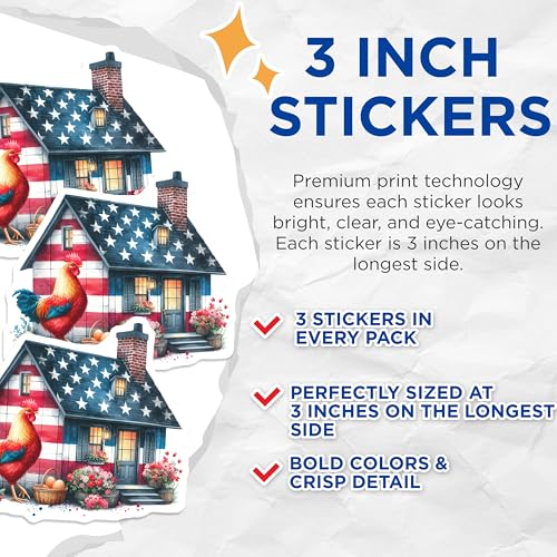 (3 Pack) American Rooster Decals - Patriotic House Decals - USA Flag Art Decals- 3 Inches On Longest Side - Easy Peel & Apply - Made in USA - 3MCS5652