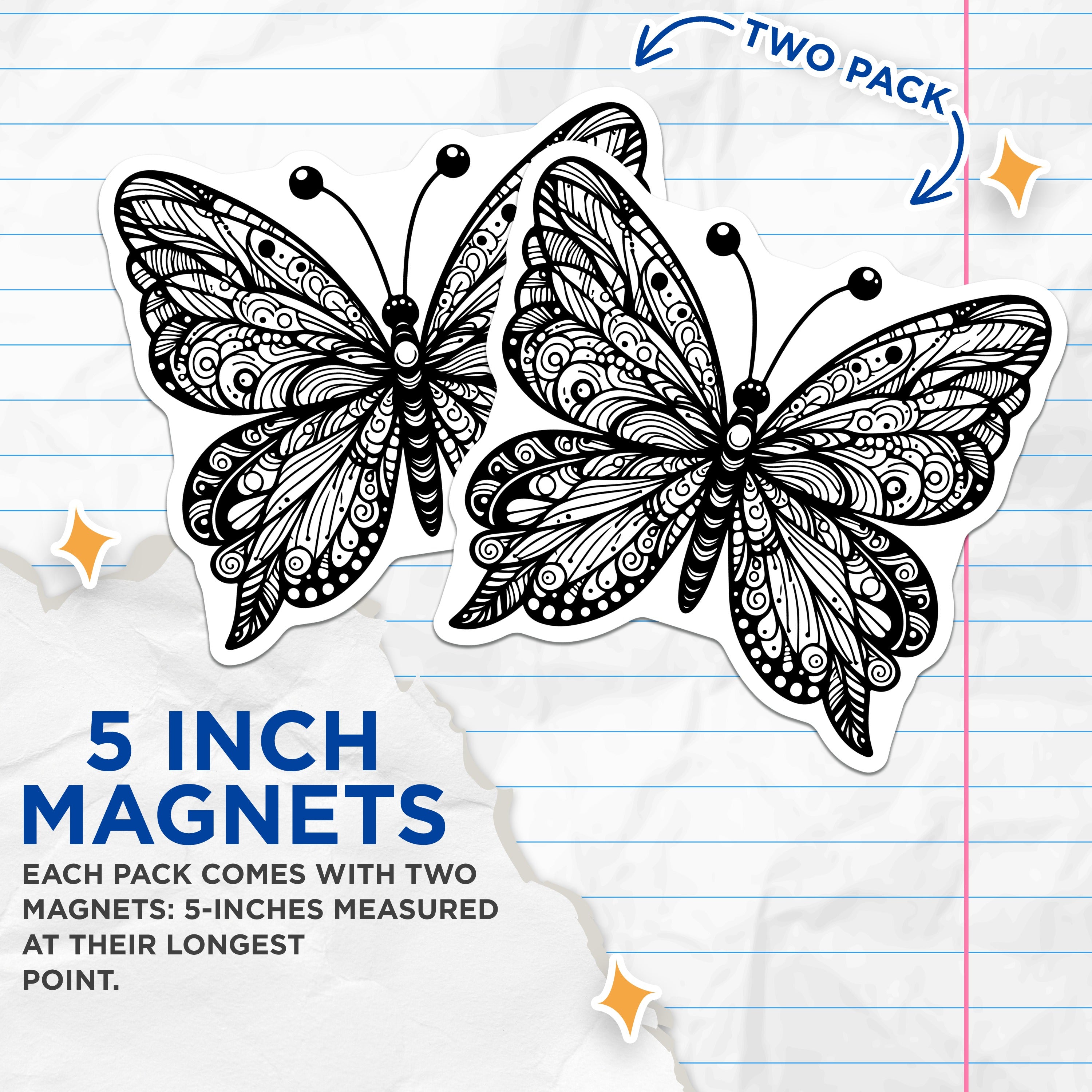 (2 Pack) Zentangle Butterfly Magnets - Boho Line Art - Intricate Nature Decor Fridge Magnet - 5 Inches On Longest Side - Thick Durable Magnet - Made in USA - MAG38974