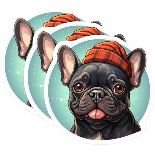(3 Pack) French Bulldog Decals - Dog with Hat - Cute Puppy Stickers - 3 Inches On Longest Side - Easy Peel & Apply - Made in USA - 3MCS2713