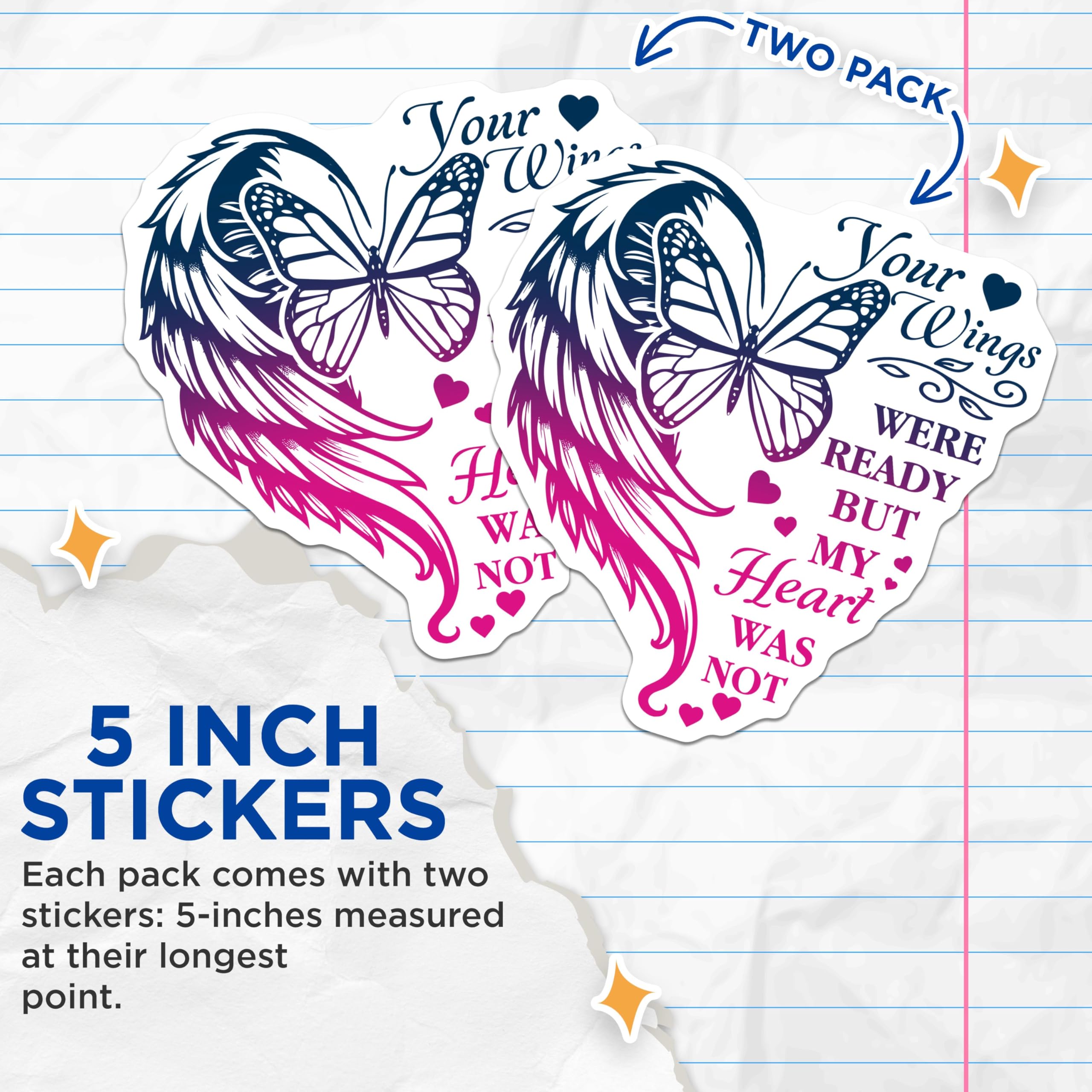 (2 Pack) Your Wings were Ready Stickers - Memorial Quote Stickers - Angel Wing Butterfly Stickers - 5" On Longest Side - Sticks to Smooth Flat Surfaces - Made in USA - BMCS3714