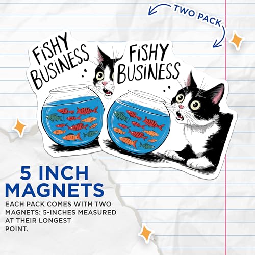 (2 Pack) Cat and Fish Bowl Magnets Magnets - Funny Animal Art - Fishy Business Jokes - 5" On Longest Side - Made in USA - Sticks to Refrigerators & Metal Surfaces - MAG8770