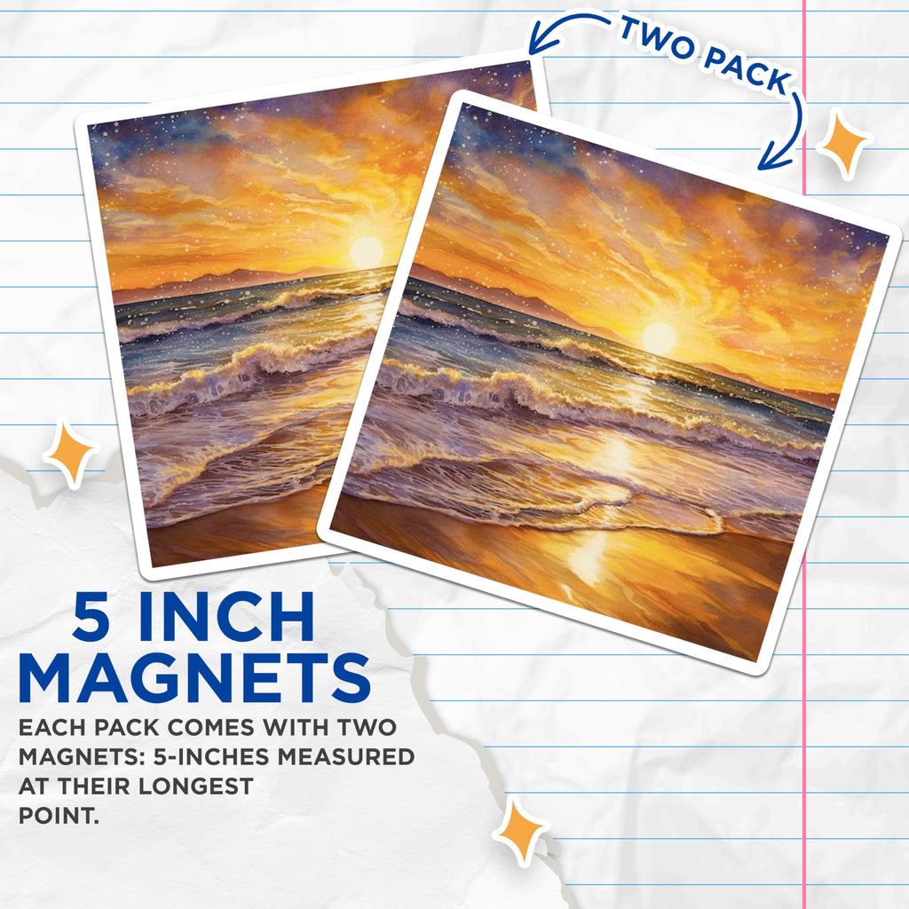 (2 Pack) Sunset Beach Magnets - Golden Hour Art - Tranquil Beach Decor - 5 Inches On Longest Side - Thick Durable Magnet - Made in USA - MAG26535