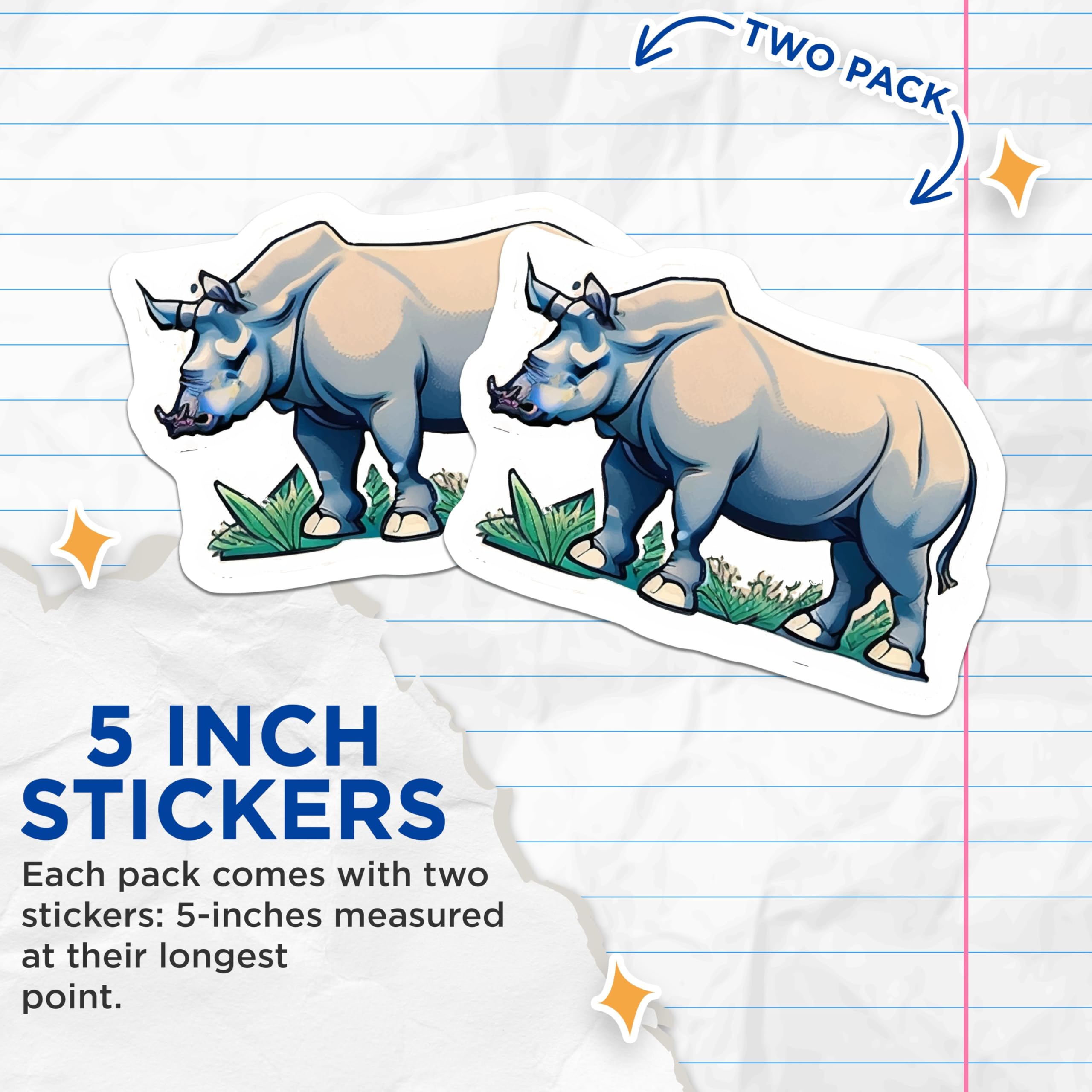 (2 Pack) Rhinoceros Stickers - Powerful Wildlife Animal Decal - Safari Adventure Nature Art - 5" On Longest Side - Sticks to Smooth Flat Surfaces - Made in USA - BMCS21557