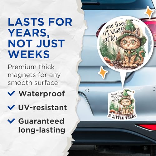 (2 Pack) Cat in Wizard Hat Magnets - Cute Cat Art - Whimsical Cat ation - Adorable Cat Illustration - 5" On Longest Side - for Cars, Fridges, Toolboxes - Made in USA - MAG4349