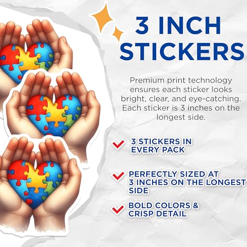 (3 Pack) Autism Awareness Decals - Puzzle Heart Hands - Laptop Decals- 3 Inches On Longest Side - Easy Peel & Apply - Made in USA - 3MCS5157