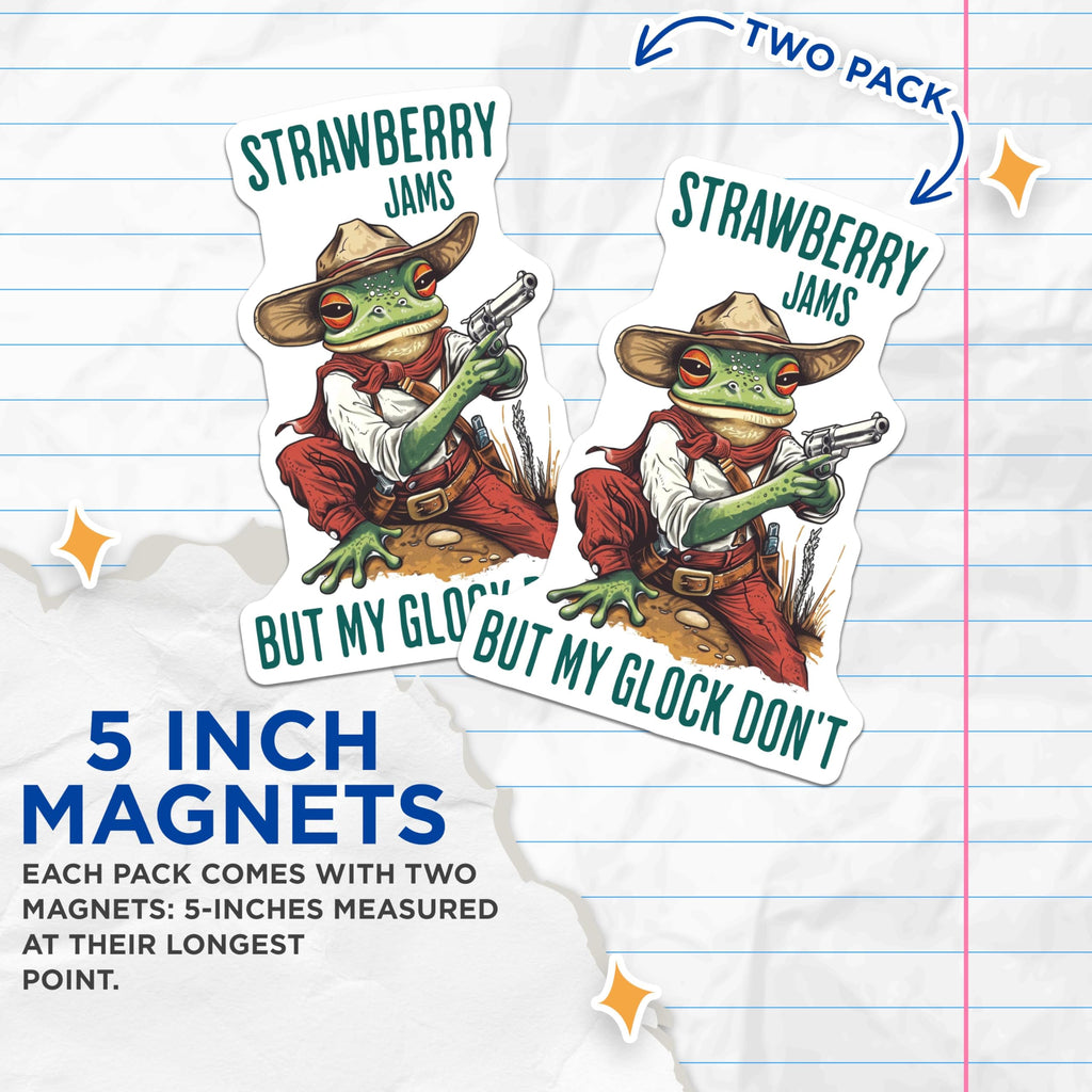 (2 Pack) Funny Cowboy Frog Magnets - Strawberry Jams Jokes Magnets - Humorous Frog Magnets - 5" On Longest Side - for Cars, Refrigerators, Toolboxes, Lockers - Made in USA BMCS3481