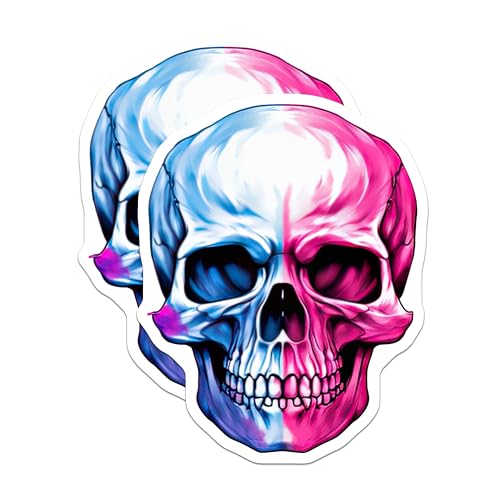 (2 Pack) Skull Stickers - Half Blue Half Pink Skull - Unique Skull Art Decal - 5" On Longest Side - Sticks to Smooth Flat Surfaces - Made in USA - BMCS6721
