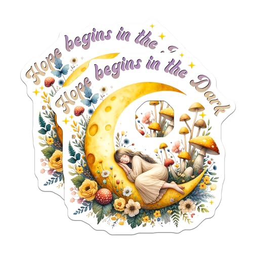 (2 Pack) Hope Begins in The Dark Stickers - Motivational Moon and Flowers Decal - 5" On Longest Side - Sticks to Smooth Flat Surfaces - Made in USA - BMCS9040 - BMCS9040
