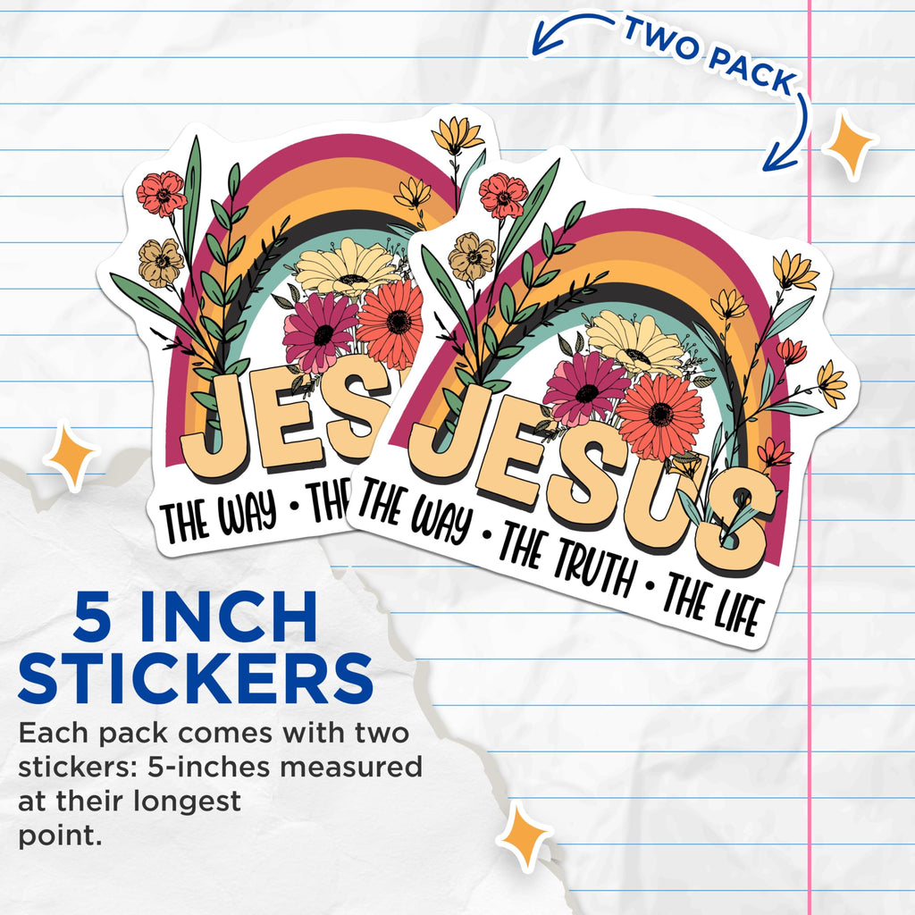 (2 Pack) Jesus Rainbow Stickers - Christian Stickers - Religious Stickers - 5" On Longest Side - Sticks to Smooth Flat Surfaces - Made in USA - BMCS14411