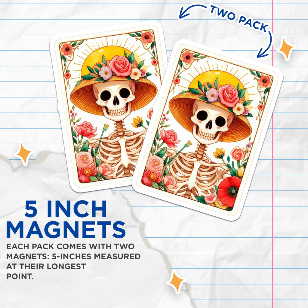 (2 Pack) Whimsical Floral Skeleton Magnets - Decorative Calavera Art Refrigerator Decor - Day of the Dead Inspired Magnets - 5 Inches On Longest Side - Thick Durable Magnet - Made in USA - MAG21258