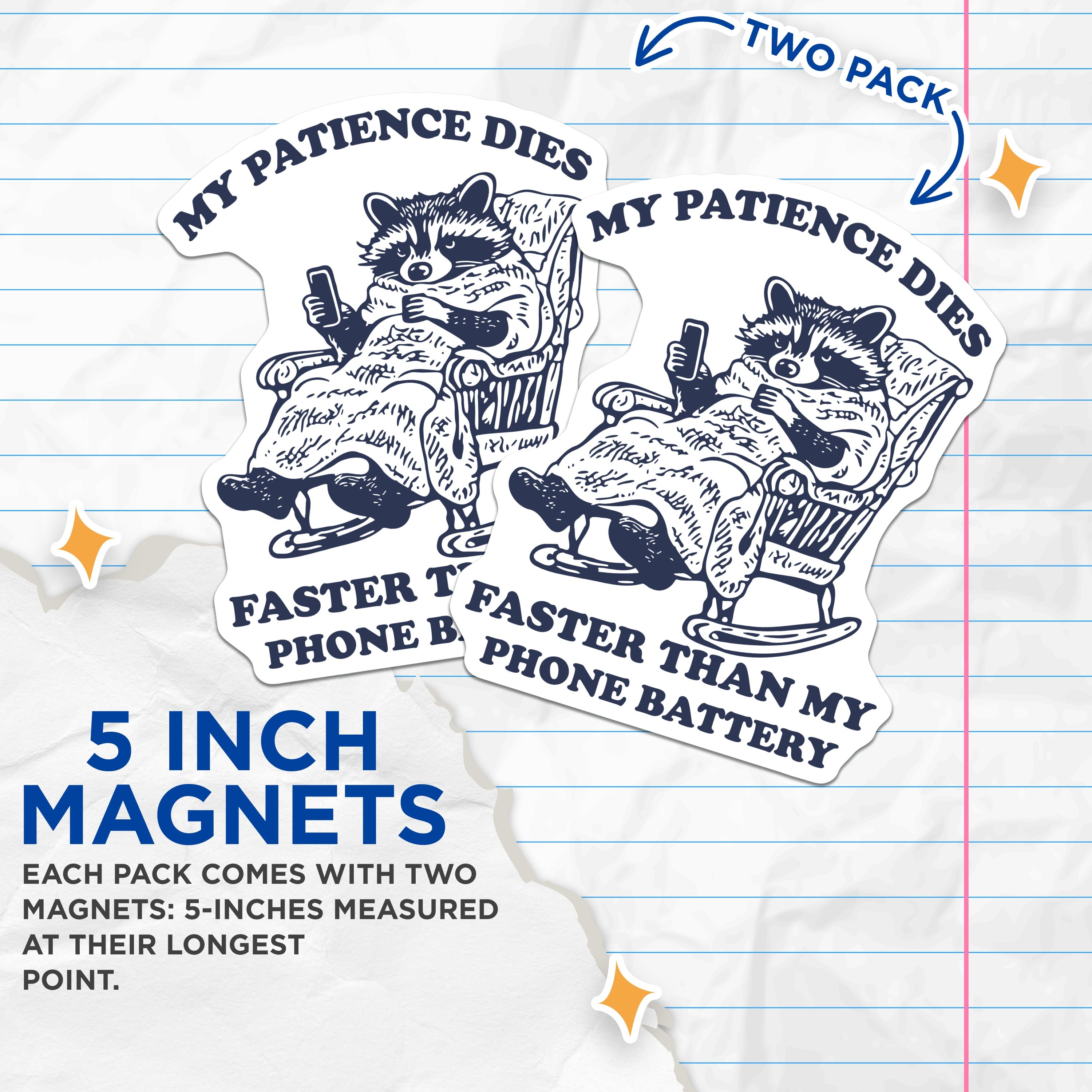 (2 Pack) Funny Raccoon Patience Magnets - Relatable Phone Battery Humor - Sarcastic Animal Fridge Decor - Quirky Office Item - 5 Inches On Longest Side - Thick Durable Magnet - Made in USA - MAG39599
