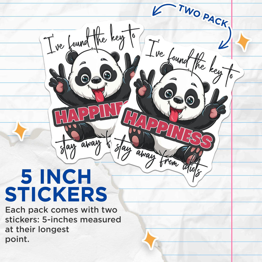 (2 Pack) Funny Panda Stickers - Happiness Key Stickers - Positive Message Stickers for Laptops and Water Bottles - 5" On Longest Side - Sticks to Smooth Flat Surfaces - Made in USA - BMCS4373