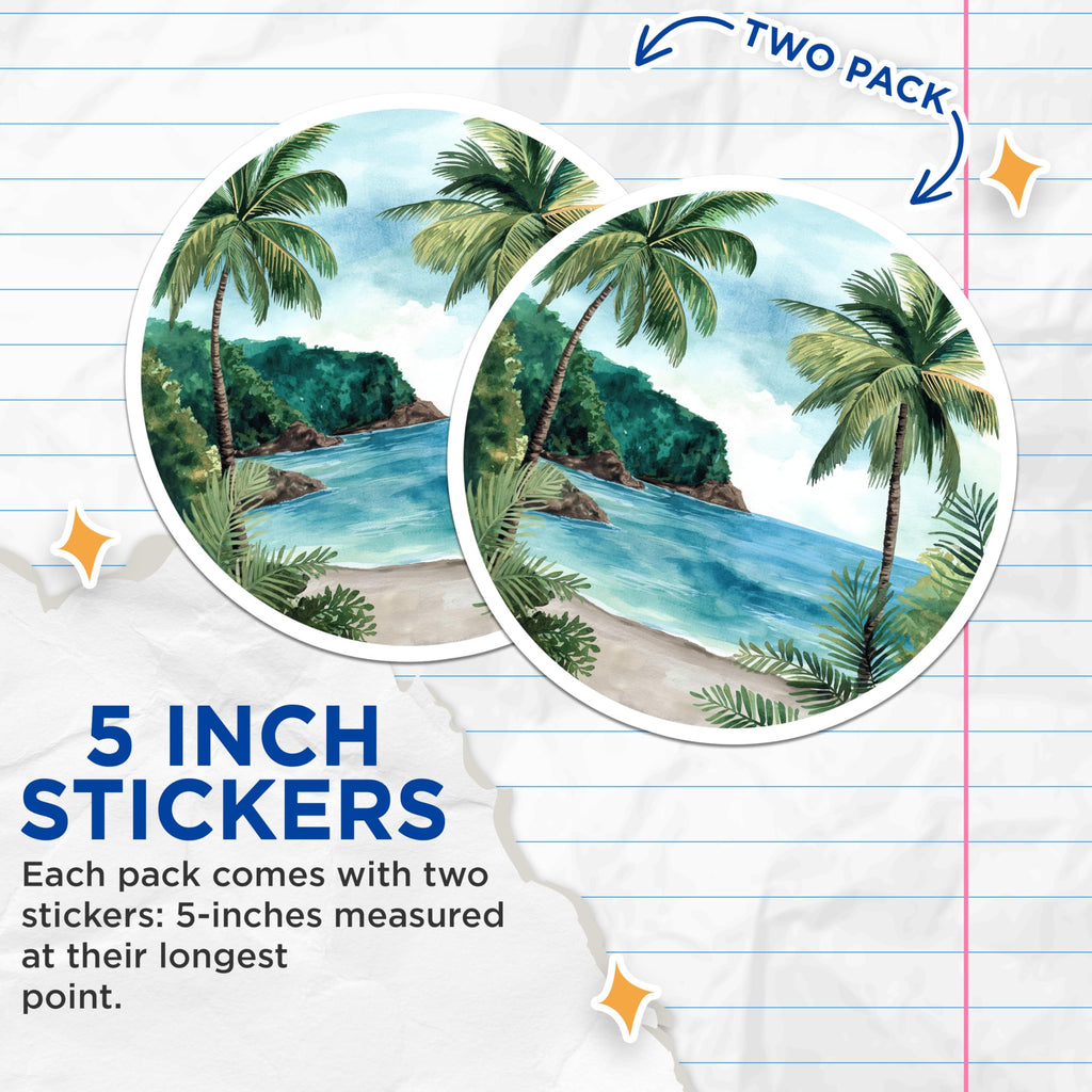 (2 Pack) Tropical Beach Stickers - Palm Tree Ocean Scene - Watercolor Paradise Island - 5" On Longest Side - Sticks to Smooth Flat Surfaces - Made in USA - BMCS20028