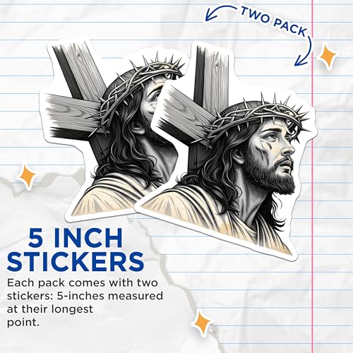 (2 Pack) Jesus Christ Stickers - Religious Stickers - Inspirational Stickers - 5" On Longest Side - Sticks to Smooth Flat Surfaces - Made in USA - BMCS5052