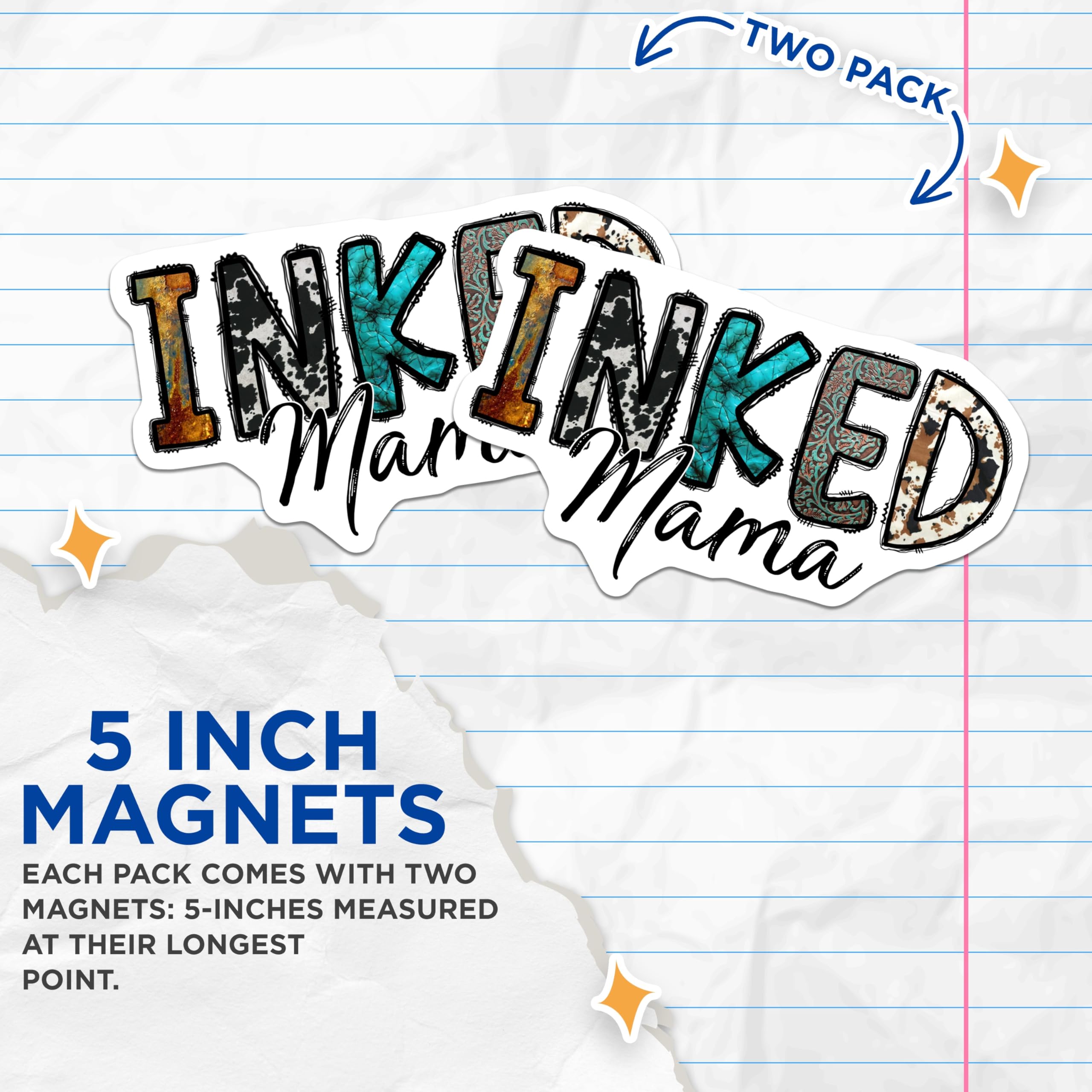 (2 Pack) Inked Mama Magnets - Western Mom Decor - Cowhide Turquoise Accents - 5 Inches On Longest Side - Thick Durable Magnet - Made in USA - MAG25764