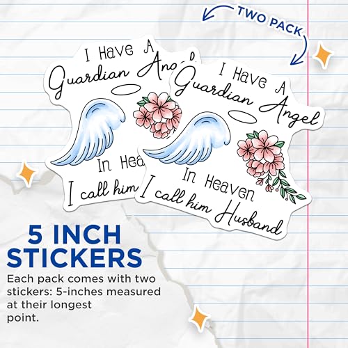 (2 Pack) Guardian Angel Stickers - Husband Memorial - in Heaven Quote Stickers - 5" On Longest Side - Sticks to Smooth Flat Surfaces - Made in USA - BMCS6121