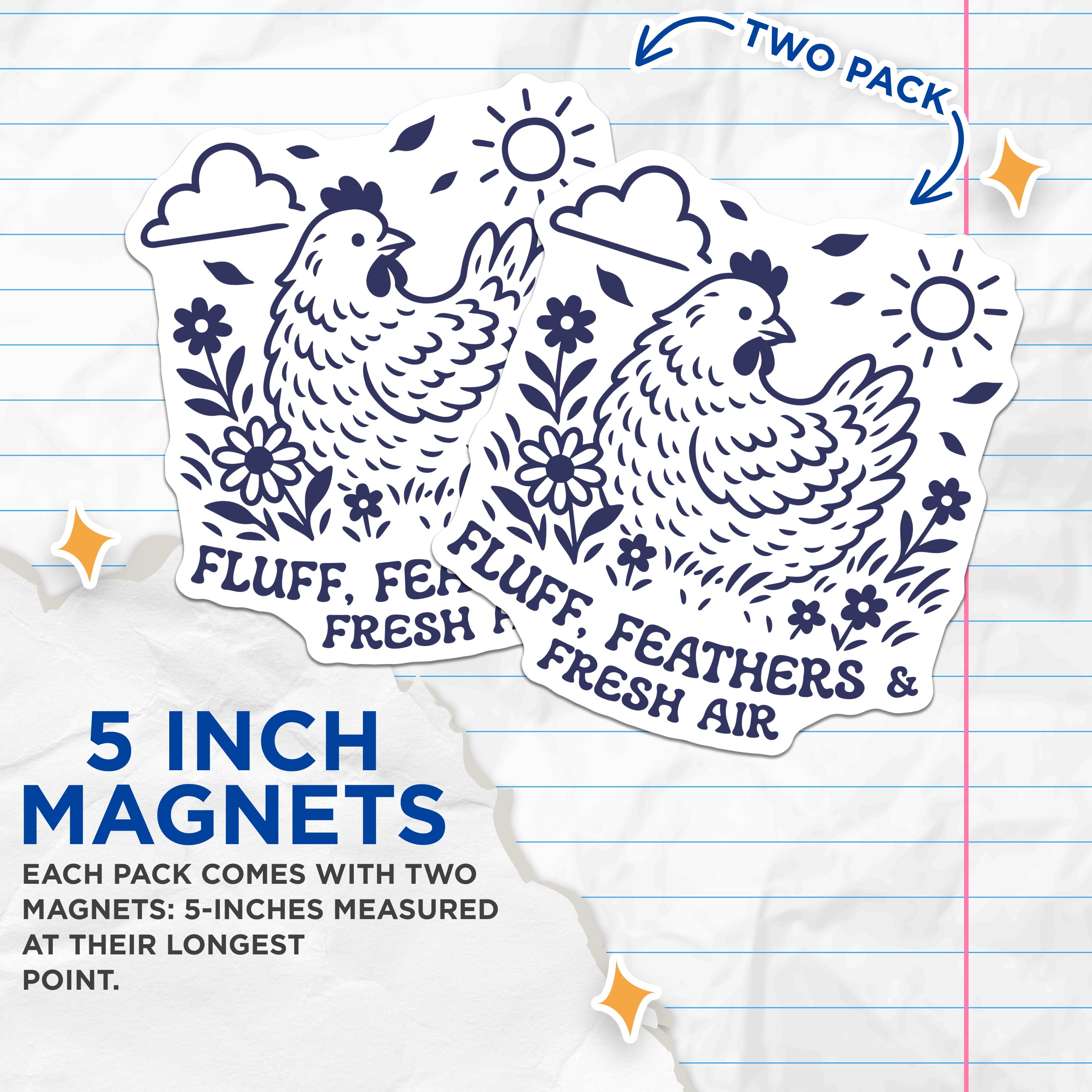 (2 Pack) Fluff Feathers Fresh Air Chicken Magnets - Cute Farmhouse Kitchen Decor - Rustic Home Accent - 5 Inches On Longest Side - Thick Durable Magnet - Made in USA - MAG39369