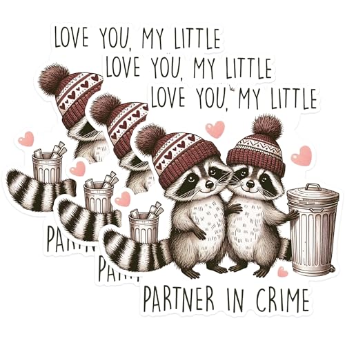 (3 Pack) Raccoon Decals - Partner in Crime - Cute Animal Stickers - 3 Inches On Longest Side - Easy Peel & Apply - Made in USA - 3MCS1683
