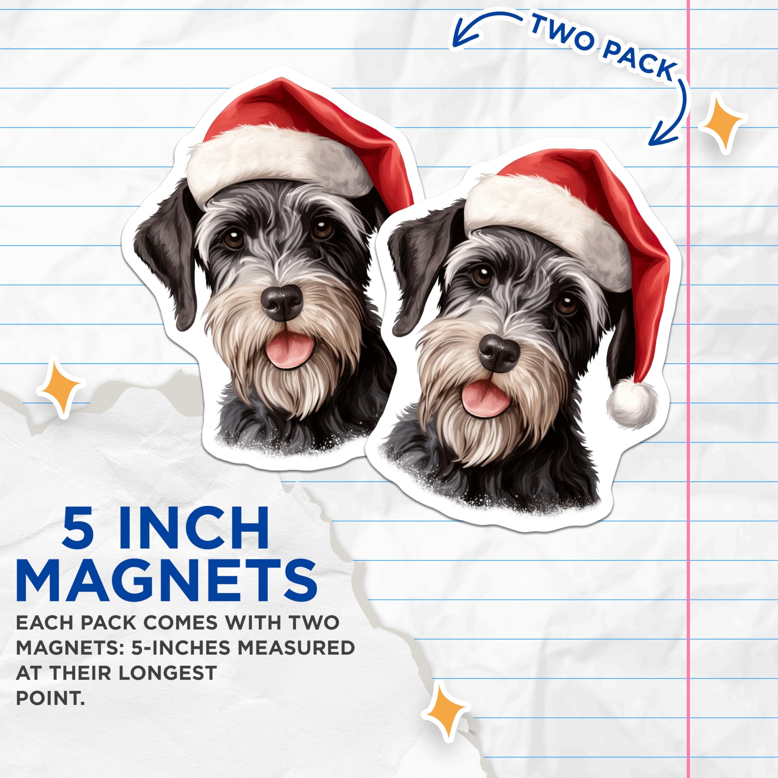(2 Pack) Christmas Schnauzer Magnets - Santa Hat Dog Decor - Pet Lover Refrigerator Accents - 5 Inches On Longest Side - Thick Durable Magnet - Made in USA - MAG28430