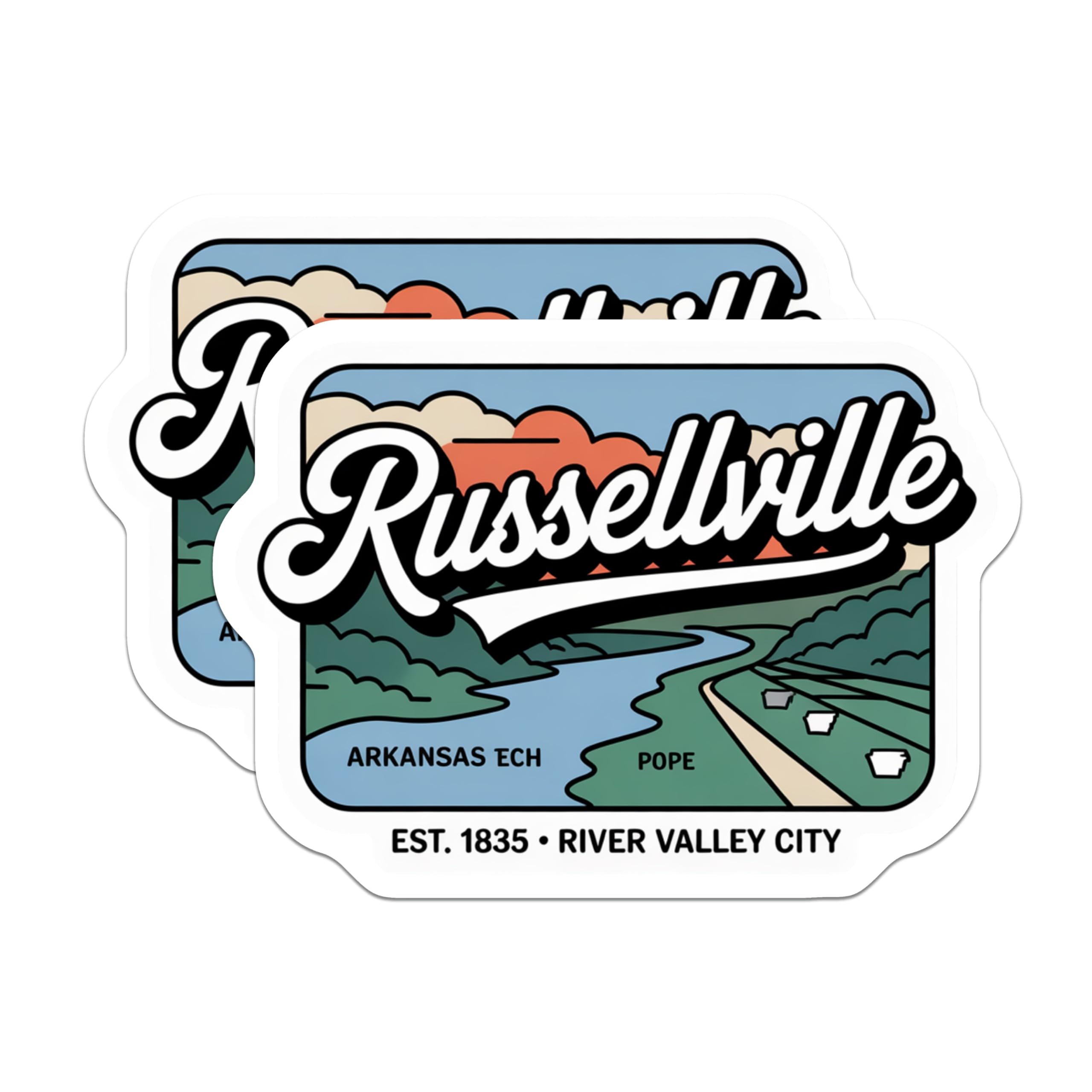 (2 Pack) Russellville Arkansas Magnets - River Valley City - Pope County Souvenir - 5" On Longest Side - Premium Magnet - for Cars, Refrigerators, Toolboxes, Lockers - Made in USA - MAG17592
