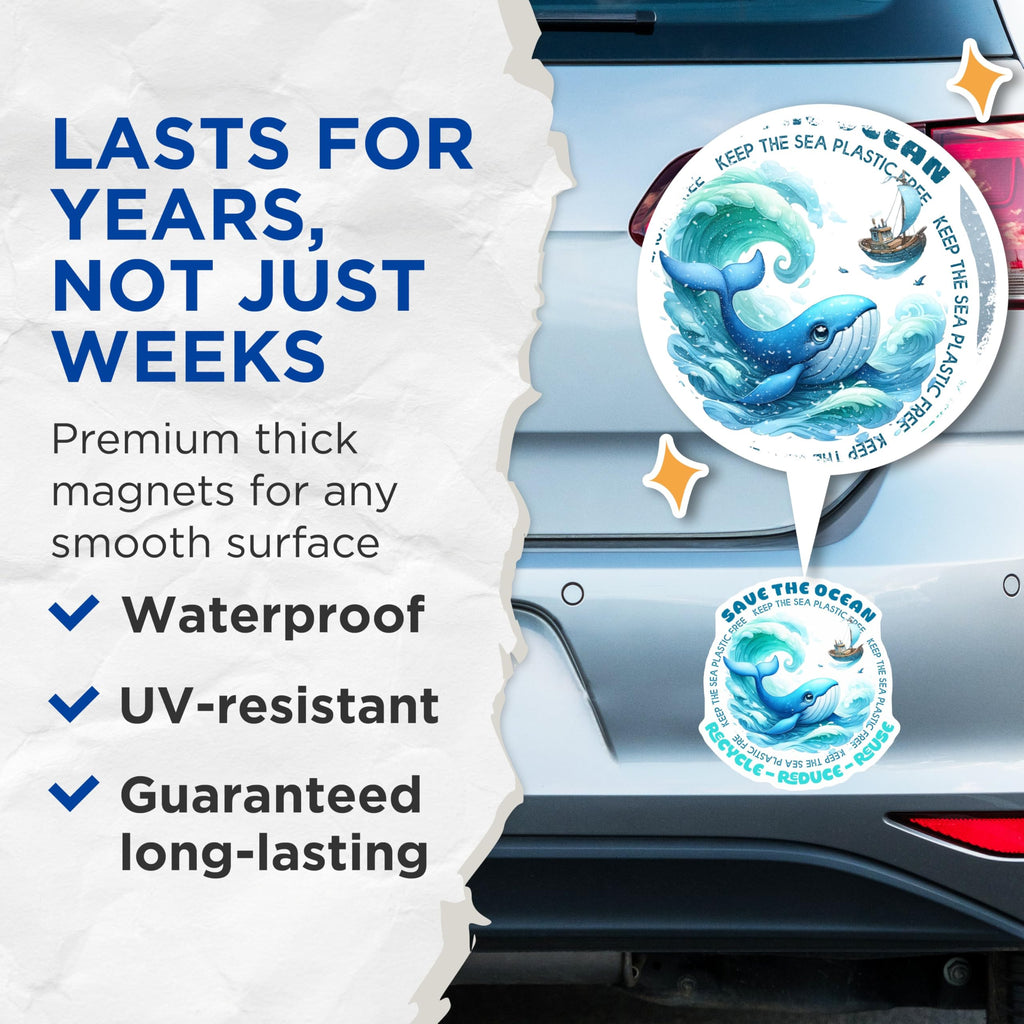 (2 Pack) Save The Ocean Magnets - Recycle Reduce Reuse - Keep The Sea Plastic Free - 5" On Longest Side - for Cars, Fridges, Toolboxes - Made in USA - MAG7956