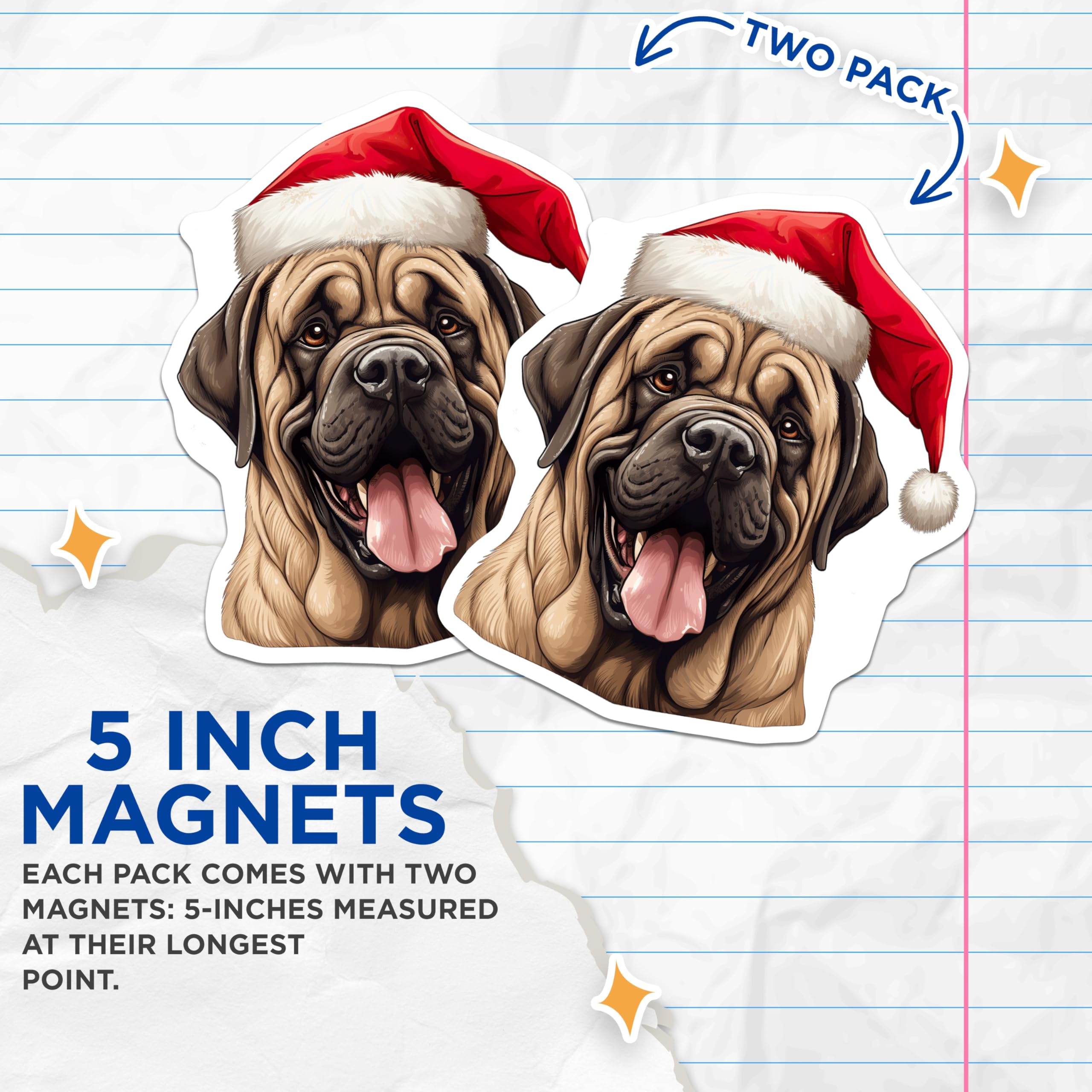 (2 Pack) Festive Dog Magnets - Santa Mastiff Face - Holiday Animal Lover Decor - 5 Inches On Longest Side - Thick Durable Magnet - Made in USA - MAG26152