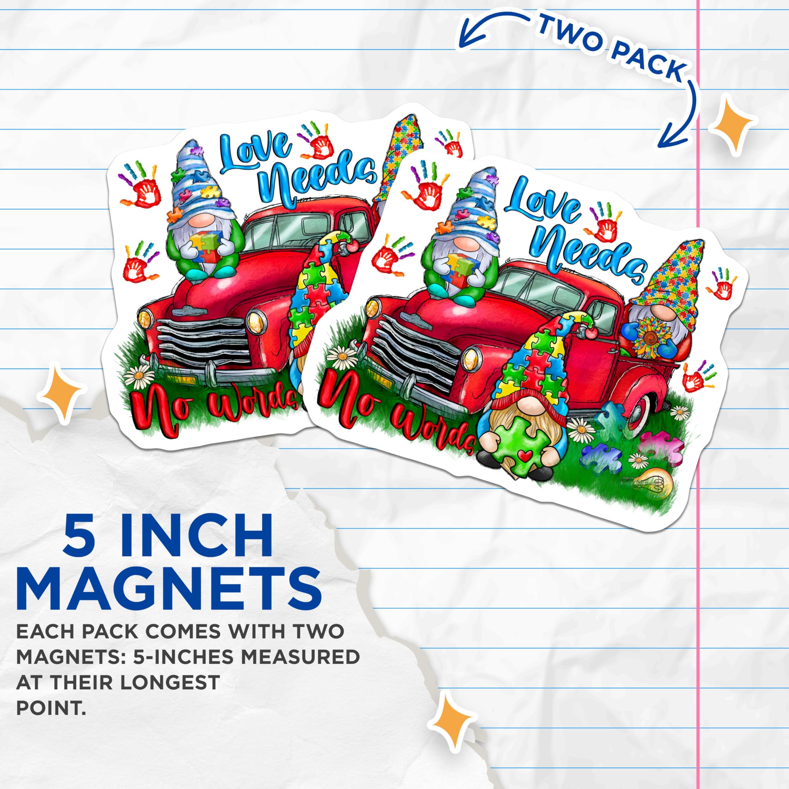 (2 Pack) Autism Awareness Magnets - Puzzle Piece Gnomes - Love Needs No Words Decor - Red Truck Art - 5 Inches On Longest Side - Thick Durable Magnet - Made in USA - MAG24013