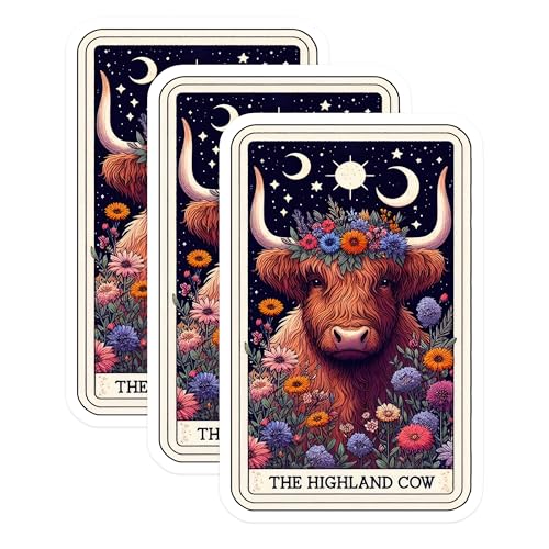 (3 Pack) Highland Cow Decals - Floral Crown Sticker - Laptop Animal Art Decals - 3 Inches On Longest Side - Easy Peel & Apply - Made in USA - 3MCS4200