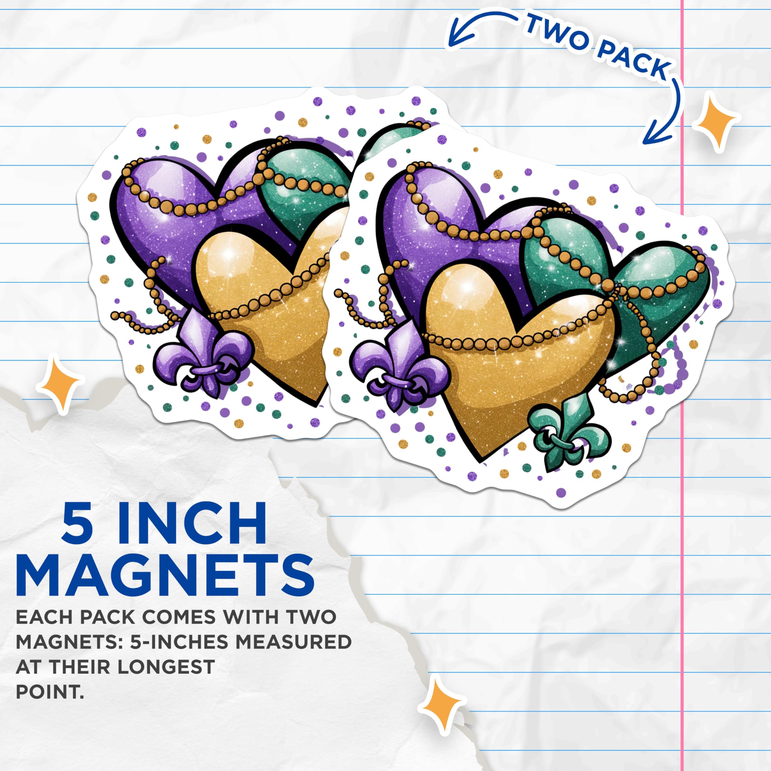(2 Pack) Mardi Gras Heart Magnets - New Orleans Decor - Party Celebration Souvenir - 5" On Longest Side - Premium Magnet - for Cars, Refrigerators, Toolboxes, Lockers - Made in USA - MAG14373