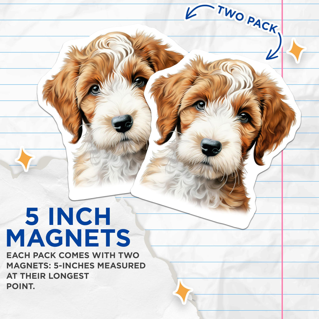 (2 Pack) Goldendoodle Puppy Magnets - Cute Dog Lover Decor - Pet Parent Refrigerator Accessory - 5 Inches On Longest Side - Thick Durable Magnet - Made in USA - MAG25251