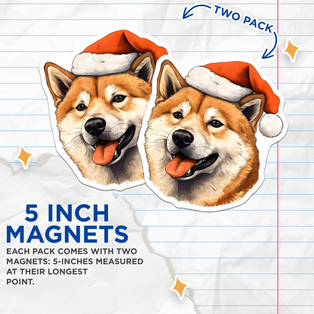 (2 Pack) Shiba Inu Christmas Magnets - Santa Hat Dog Magnets - Holiday Pet Decor - Cute Animal Fridge Magnets - 5 Inches On Longest Side - Thick Durable Magnet - Made in USA - MAG30545