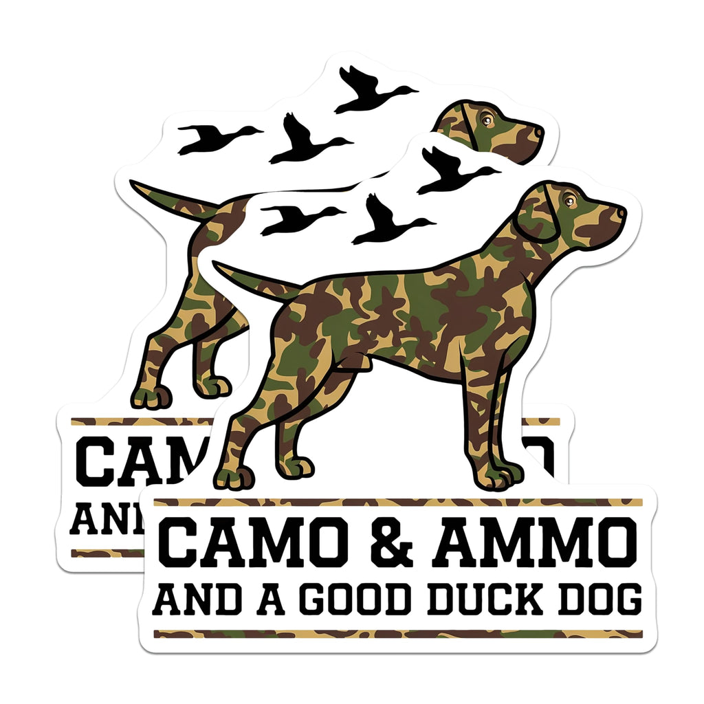 (2 Pack) Camo and Ammo Duck Dog Magnets - Hunting Retriever Decor - Outdoorsman Vehicle Decals - 5 Inches On Longest Side - Thick Durable Magnet - Made in USA - MAG19904